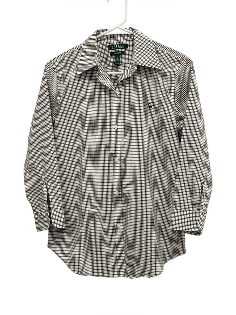 Lauren Ralph Lauren Non-Iron Gingham 3/4 Sleeve Embroidered Logo Button Up Small